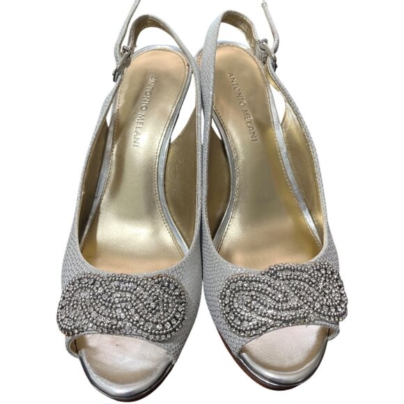 Antonio Melani Silver Peep-Toe Slingback Heels Embellished Evening Wedding Size - Picture 4 of 9